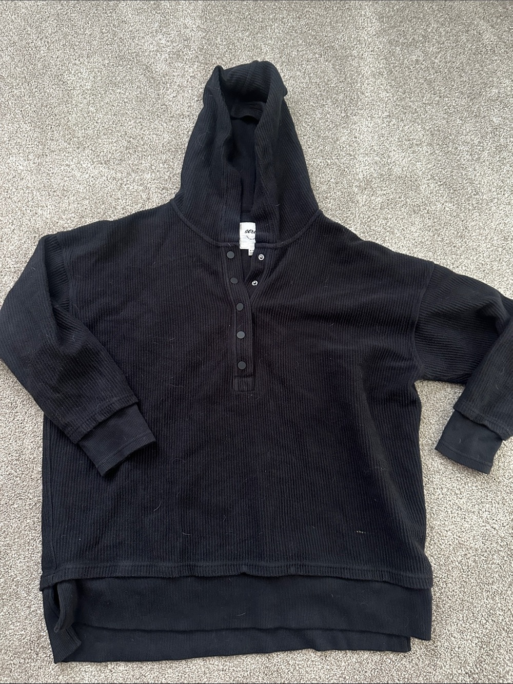 aerie Black Ribbed Hooded Henley Sweatshirt